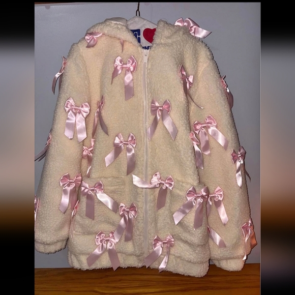 Sugar Thrillz Jackets & Blazers - Sugar Thrillz Cream Puffer with Pink Bows